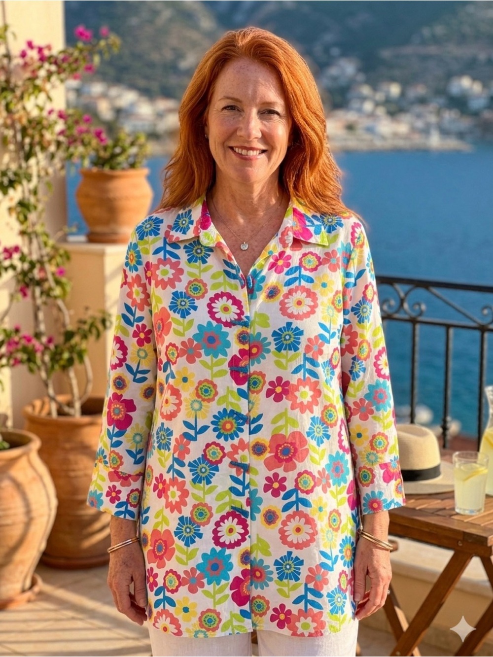 Erin London Tunic Blouse Women’s XL Bright Floral Button-Up Top Tropical Coastal